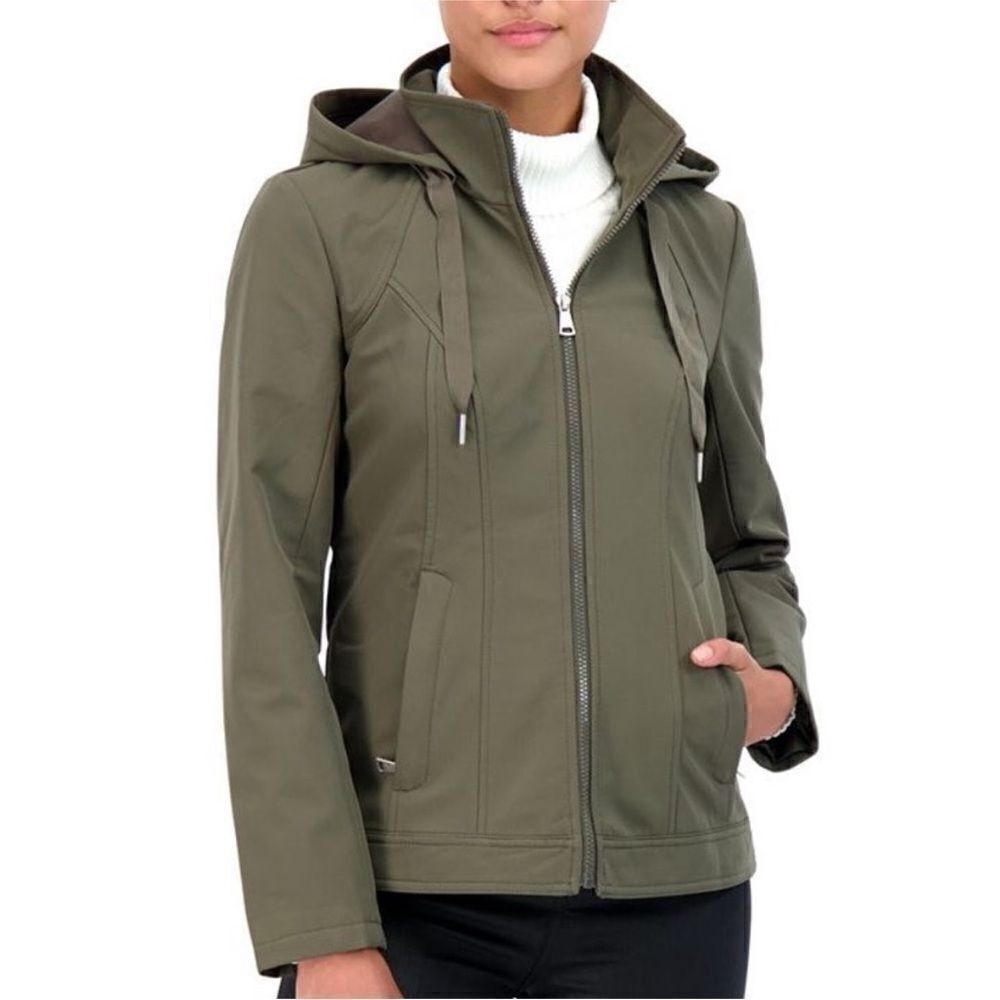 NWT XS Sebby Hooded Zip-Front Raincoat Olive Green